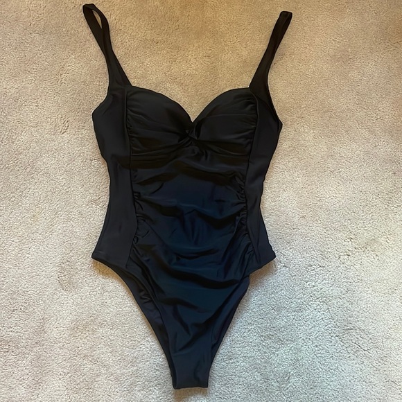 Lunabelle Ruched Front Ballet Back One-Piece Swimsuit, Black, sz L - Picture 2 of 13